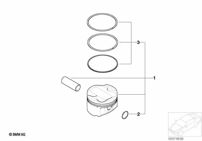 Juego de reparación de segmentos de pistón para BMW Serie 3 E46, Z4 E85, E86 (OEM 11257834014). Original BMW.