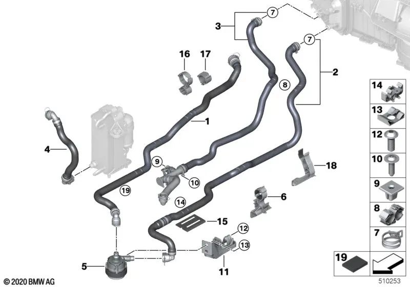 Coolant hose flow 1 for BMW models G30N, G31N, G32N (OEM 64217950168). Genuine BMW