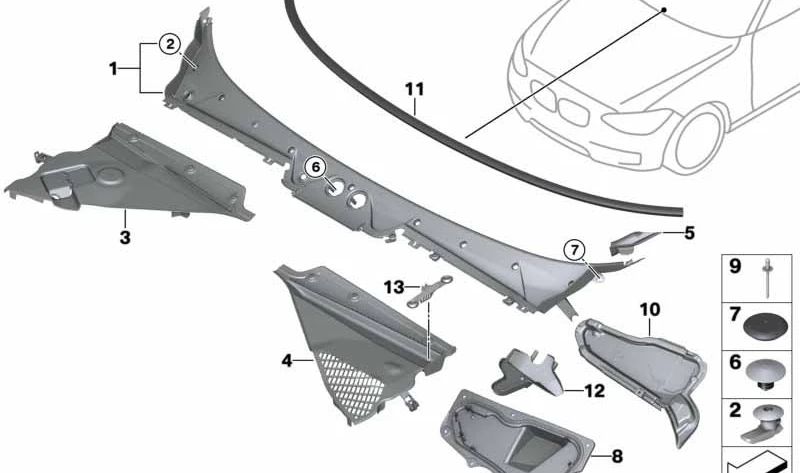 Cubierta de Parabrisas Parte 2 para BMW Serie 1 F20N, F21N, Serie 2 F22, F23, F87 (OEM 51717405637). Original BMW