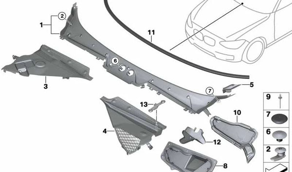 Cubierta del parabrisas para BMW Serie 1 F20, F21, Serie 2 F22, F23, F87 (OEM 51717240679). Original BMW