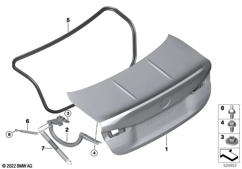 Rechtes Heckklappenscharnier für BMW G22, G82 (OEM 41009879264). Original BMW