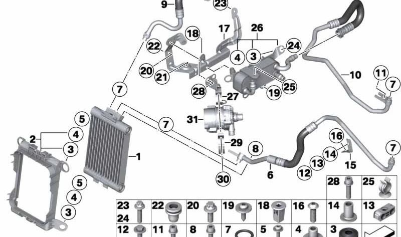 Soporte para Tubo de Enfriador de Aceite para BMW Serie 1 F20, F21, Serie 2 F22, F23, F87, Serie 3 F30, F31, F34, F35, Serie 4 F32, F33, F36 (OEM 17227604421). Original BMW