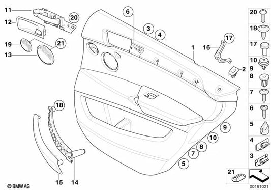 Revestimiento de puerta de cuero trasero izquierdo para BMW E71, E72 (OEM 51429176475). Original BMW