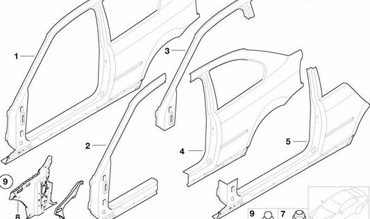 Estructura lateral derecha para BMW E46 (OEM 41217044350). Original BMW