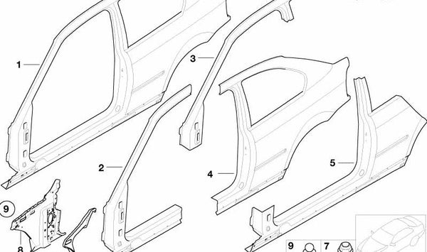 Estructura lateral derecha para BMW E46 (OEM 41217044350). Original BMW