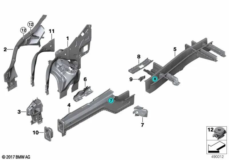 Left inner wheel arch reinforcement for BMW X5 E70, F15, F85, X6 E71, F16 (OEM 41117442775). Genuine BMW