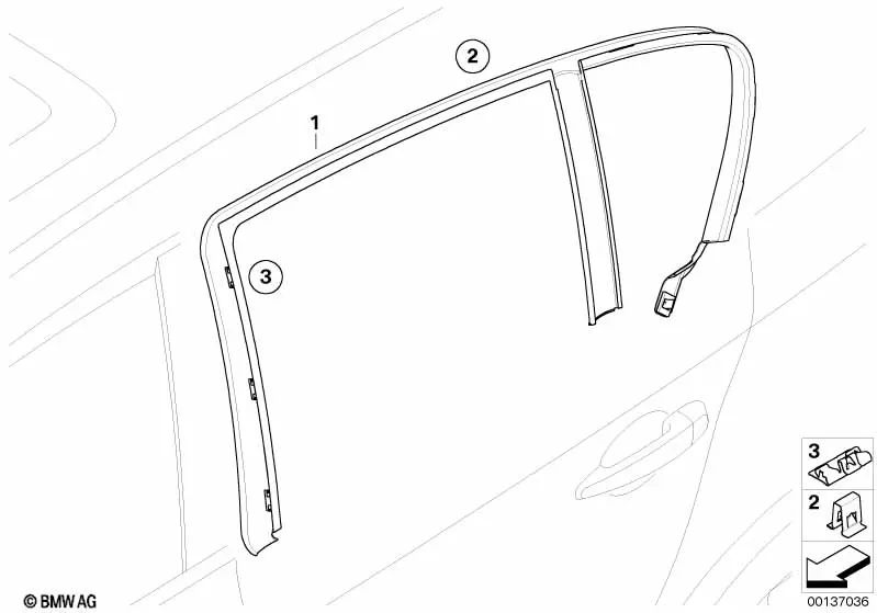 Cubierta del marco de la ventana, puerta trasera izquierda para BMW E87, E87N (OEM 51357121155). Original BMW