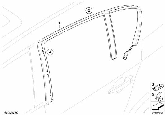 Cubierta del marco de la ventana, puerta trasera izquierda para BMW E87, E87N (OEM 51357121155). Original BMW