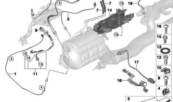 Tubo de presión de gases de escape para BMW F10N, F02N, F15 (OEM 13628514307). Original BMW