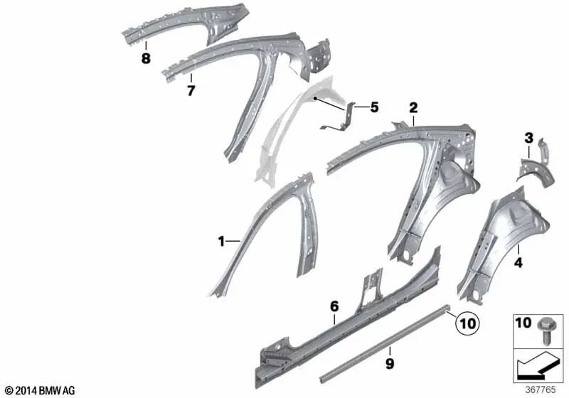 Rear right inner side frame for BMW F10 (OEM 41217361404). Original BMW.