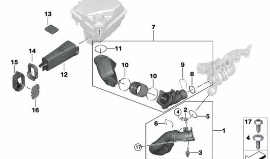 Conducto de admisión para BMW F20N, F21N, F22, F23, F30N, F31N, F34N, F35N, F32, F33, F36 (OEM 13718632467). Original BMW