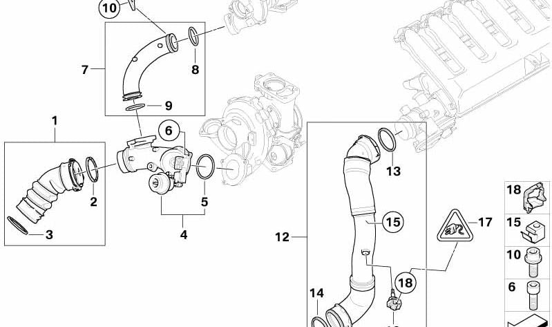 Tubo de unión del turbo (OEM 11617796294) para BMW Serie 5 (E60, E61) y Serie 6 (E63, E64). Original BMW.