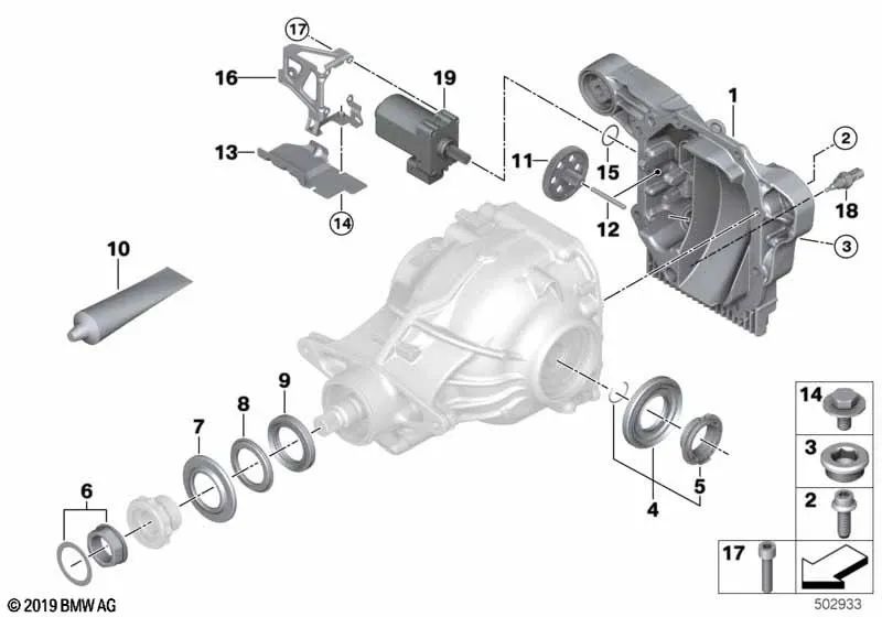 Tapa de transmisión para BMW F20, F21N Serie 1 F22, F23 Serie 2 F30, F31, F34, G20 Serie 3 F33, G22 Serie 4 (OEM 33117586450). Original BMW