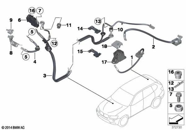 Cable de batería positivo bajo el suelo para BMW F25 (OEM 61129283787). Original BMW