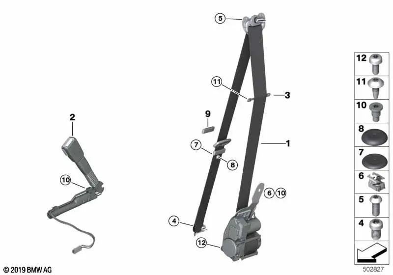 Cinturón REMA delantero derecho para BMW Serie 3 F30, F31, F34, F35, F80, Serie 4 F36 (OEM 72117383322). Original BMW