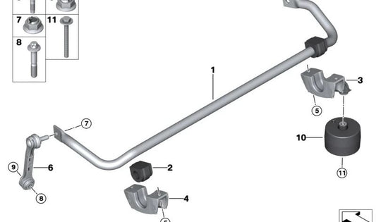 Cojinete de goma estabilizador para BMW Serie 5 G30, G38, Serie 7 G11, G12, X3 G01, X4 G02 (OEM 33506861466). Original BMW