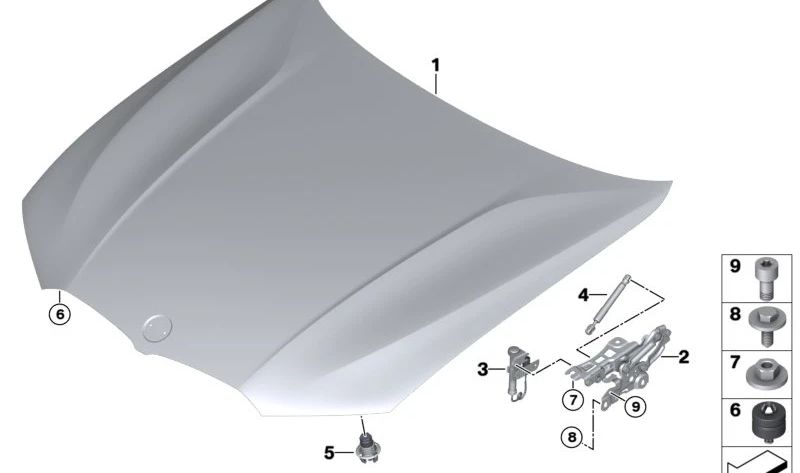 Amortiguador hidráulico del capó OEM 51237419387 para BMW G42, G87, G20, G21, G80, G81, G26. Original BMW.