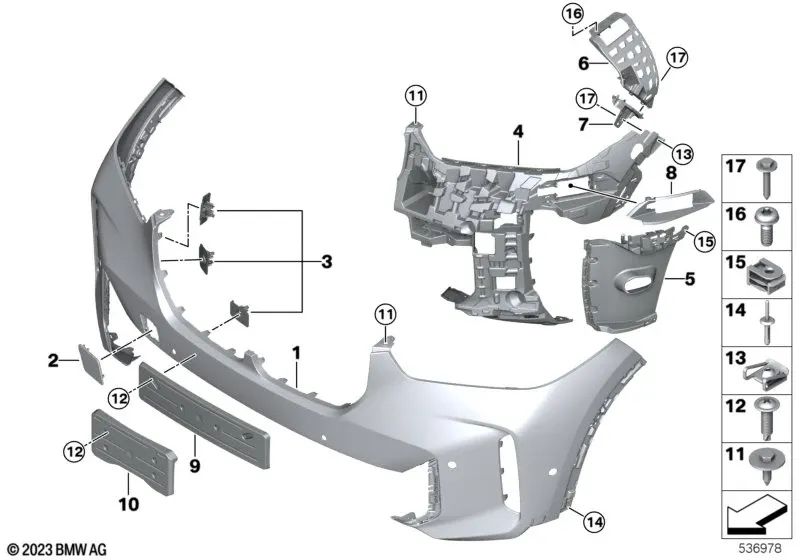 Guía del parachoques superior derecho para BMW X5 F95, G05 (OEM 51117421850). Original BMW.