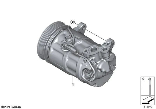 Air Conditioning Compressor with Magnetic Clutch for BMW 1 Series F52, 2 Series F45N, F46, U06, X1 F48, F49N, U11, U12, X2 F39, MINI F54, F55N, F56, F57N, F60 (OEM 64525A5C710). Original BMW.