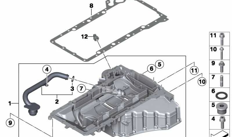 Parte superior del cárter de aceite para BMW Serie 5 F10, Serie 6 F06, F12, F13, F06N, F12N, F13N (OEM 11137843141). Original BMW