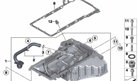 Oil Pan Top for BMW 5 Series F10, 6 Series F06, F12, F13, F06N, F12N, F13N (OEM 11137843141). Original BMW