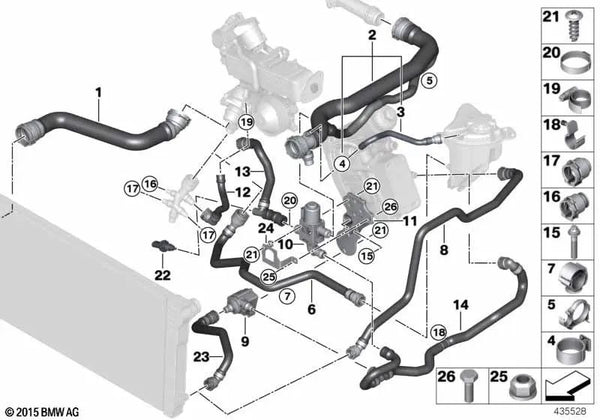 Manguera de refrigerante para BMW Serie 5 F10, F11, X5 F15 (OEM 17128514245). Original BMW