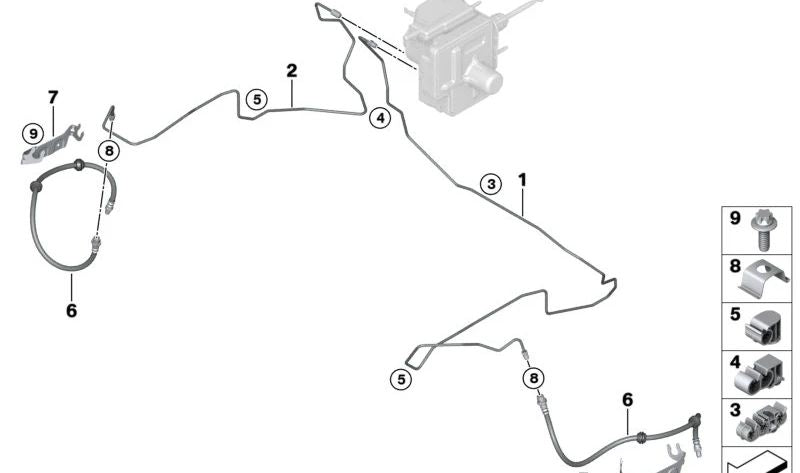 Latiguillo de freno delantero OEM 34326891359 para BMW Series 1 (F20, F21), Series 2 (F22, F23, F44), Series 3 (F30, F31, F34, G20), Series 4 (F32, F33, F36, G22), Series X1 (F48), Series X2 (F39). Original BMW.