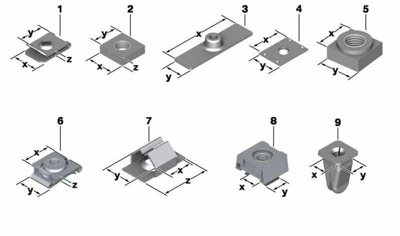 Tuerca de chapa para BMW E81, E82, E87, F20, F21, F40, F52, F22, F23, F45, F46, G42, G87, E30, E36, E46, F30, F31, G20, G21, G80, F32, F33, F82, F83, G22, G23, F07, F10, F11, F90, F18, E34, E60, G30, G31, E63, F06, G32, F01, G11, G12, G70, E31, G14, G15,