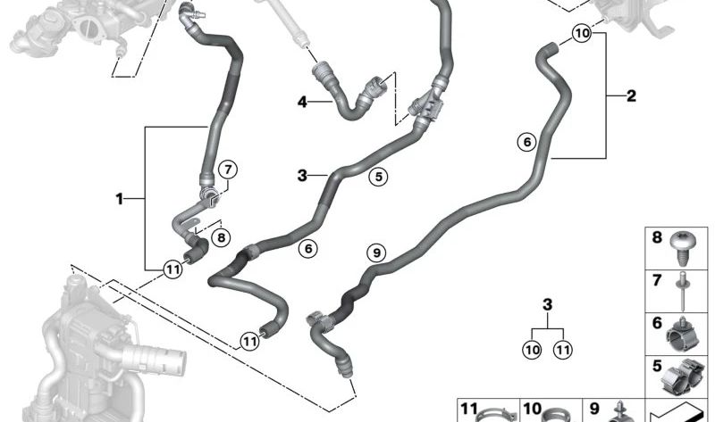 Manguera de retorno del líquido refrigerante OEM 64216999948 para BMW G20, G21, G22, G23, G26. Original BMW.