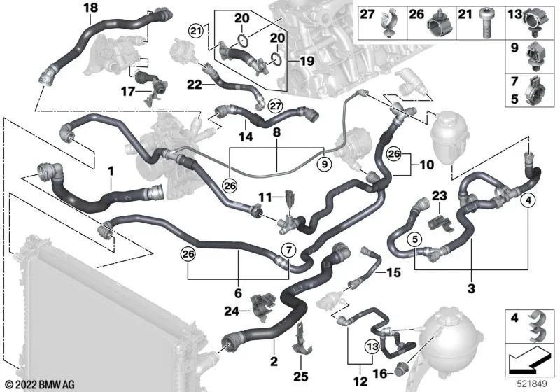 Soporte para manguera giratorio para BMW F95, G05N, G18N, F96, G06N, G07N (OEM 17128747312). Original BMW.