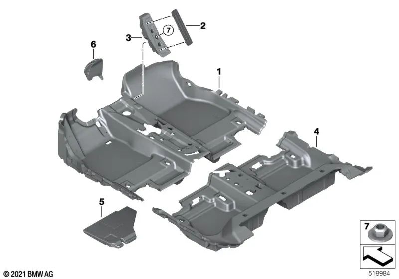 Revestimiento del suelo delantero para BMW Serie 1 F40, Serie 2 F44 (OEM 51477462697). Original BMW