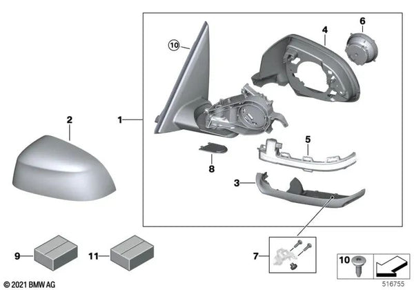 Espejo retrovisor exterior calefactado Memory Bus derecho para BMW X3 G01, G08 (OEM 51168491710). Original BMW.