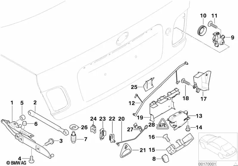 Right tailgate hinge for BMW E46 (OEM 41627028580). Original BMW.