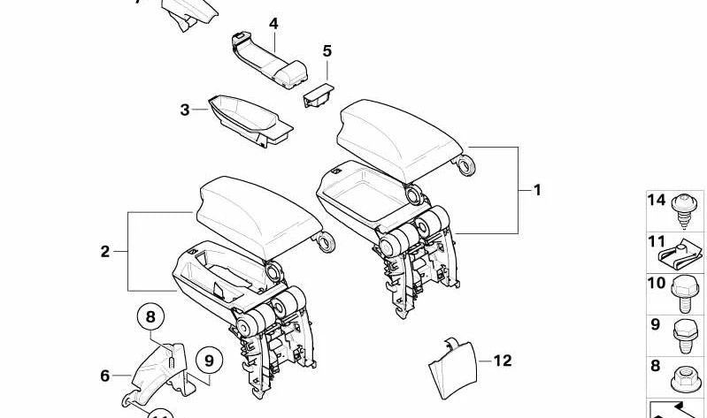 Soporte para reposabrazos central OEM 51169147054 para BMW Series 1 (E81, E82, E87, E88). Original BMW.