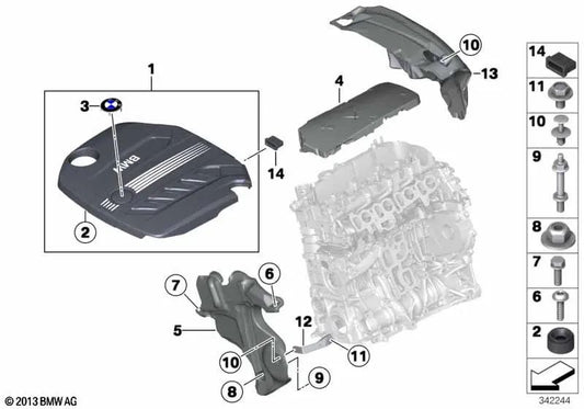 Cubierta acústica delantera para BMW Serie 1 F20, F21, Serie 2 F22, Serie 3 F30, F31, F34, Serie 4 F32, F33, F36, Serie 5 F07, F10, F11, Serie 6 F06, F12, F13, Serie 7 F01N, F02N (OEM 11148490568). Original BMW.