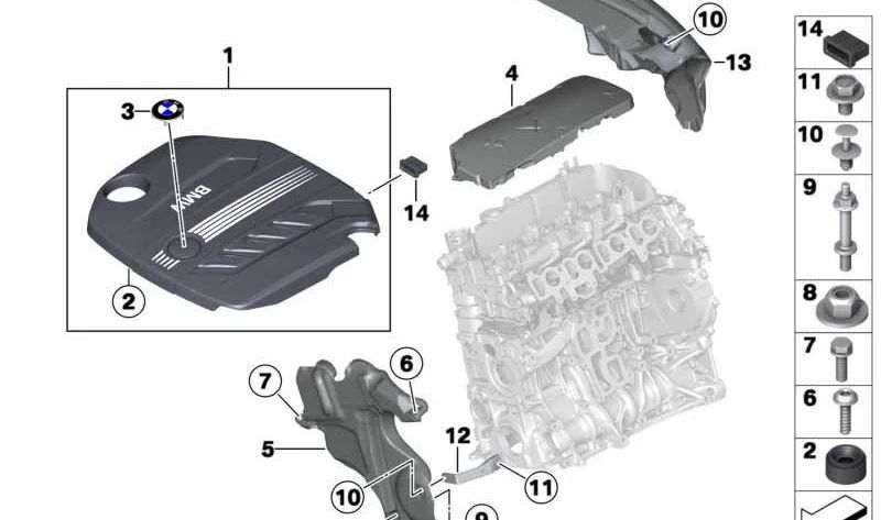 Cubierta acústica delantera para BMW F30, F31 (OEM 11148574009). Original BMW.