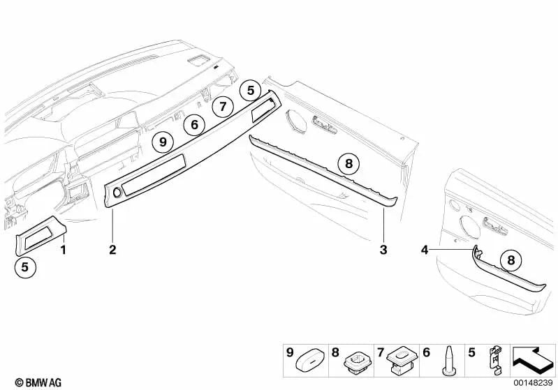 Left rear door decorative molding for BMW 3 Series E90, E91 (OEM 51426970557). Genuine BMW