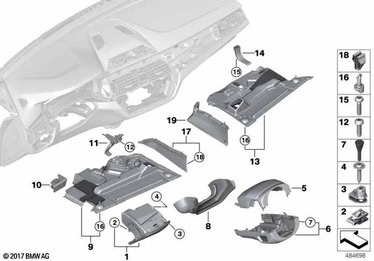 Compartimiento de tablero de instrumentos lado conductor para BMW G30, G30N, G31, G31N, G32, G32N (OEM 51167948718). Original BMW.