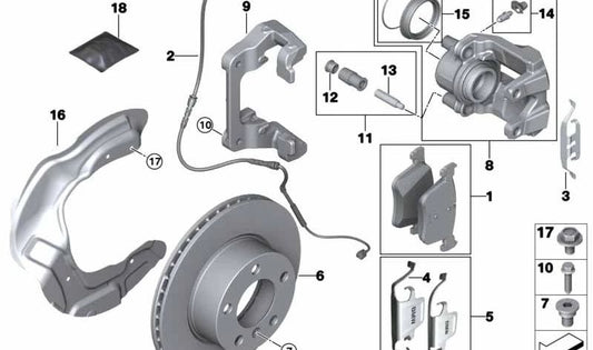 Brake pad repair kit for BMW 1 Series F20, F21, 3 Series F30, F31, F34, 4 Series F32, F33, F36 (OEM 34118855002). Original BMW