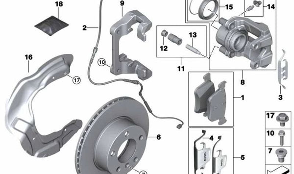 Juego de reparación de pastillas de freno para BMW Série 1 F20, F21, Série 3 F30, F31, F34, Série 4 F32, F33, F36 (OEM 34118855002). Original BMW