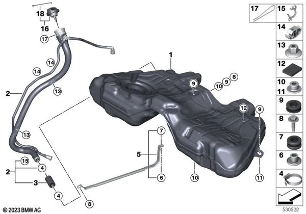 Montaje de Separación para BMW E81, E82, E87, E88, E90, E91, E92, E93, F90, G32, F01, F02, F04, G11, G12, F91, F92, F93, G14, G15, G16, E84, F25, G01, G08, F26, G02 (OEM 16117248837). Original BMW