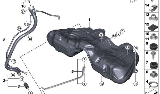 Depósito de combustible de plástico OEM 16117267498 para BMW F01, F02, F04. Original BMW.