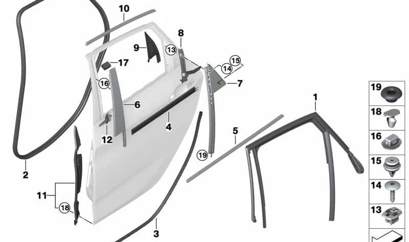 Fensterrahmenverkleidung der linken Hintertür für BMW F45, F45N (OEM 51357326145). Original BMW