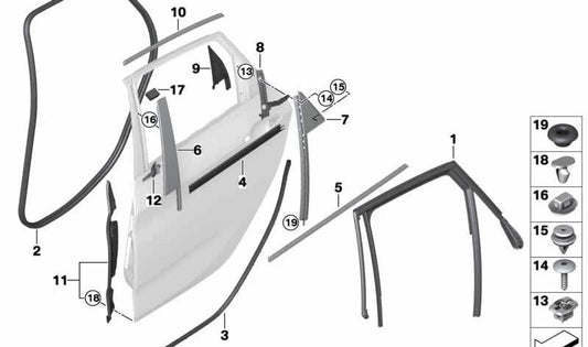 Rear Left Door Window Guide for BMW F45 (OEM 51358498413). Original BMW