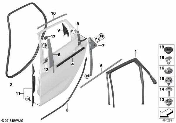 Guía de ventana puerta trasera derecha para BMW Serie 2 F45, F45N (OEM 51358498414). Original BMW