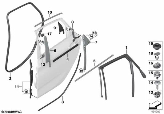 Cubierta exterior de ranura puerta trasera izquierda para BMW F45, F45N (OEM 51357375173). Original BMW