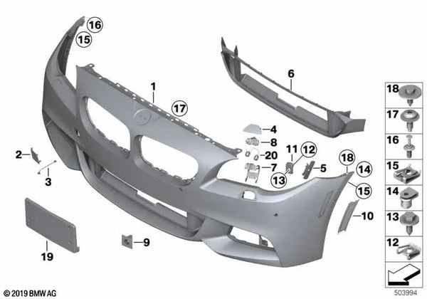 Revestimiento del parachoques delantero imprimado para BMW F10N, F11N (OEM 51118058990). Original BMW.