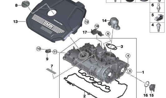 Zylinderkopfabdeckung für BMW 1 F52 -Serie, 2 F45N -Serie, 3 G20 -Serie, G28, 5 G31N -Serie, G38N, X1 F49N, X2 F39, X3 G01N, G08, X5 G18 (OEM 11121020868). Original BMW