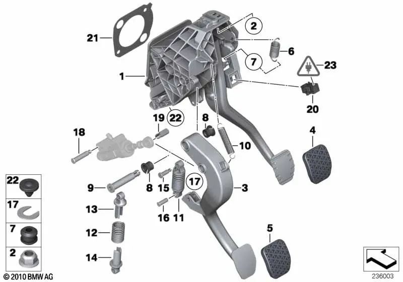 Mecanismo de pedal con pedal de freno para BMW F10, F11, F18, F06, F12, F13 (OEM 35006799891). Original BMW