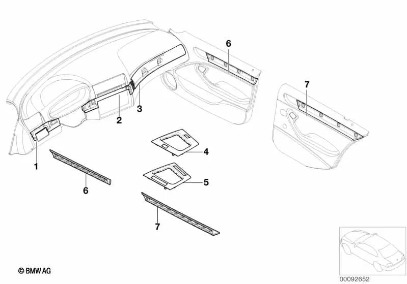 Listón decorativo de aluminio para BMW Serie 3 E46 (OEM 51457047132). Original BMW.